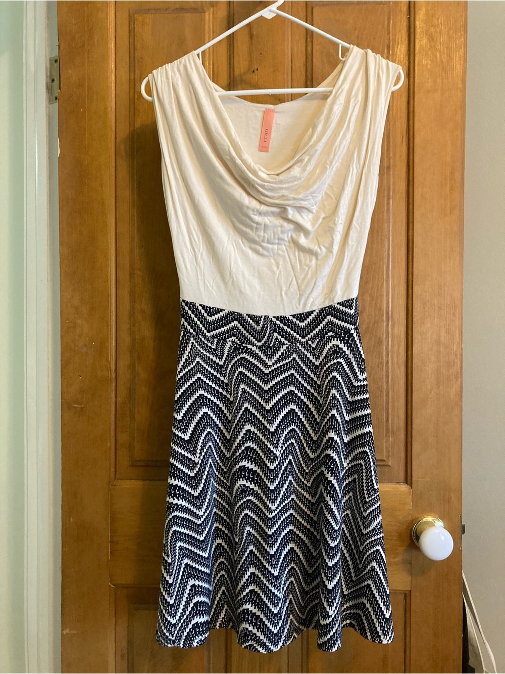 ModCloth Ivory Draped Top with Black Chevron Midi Skirt